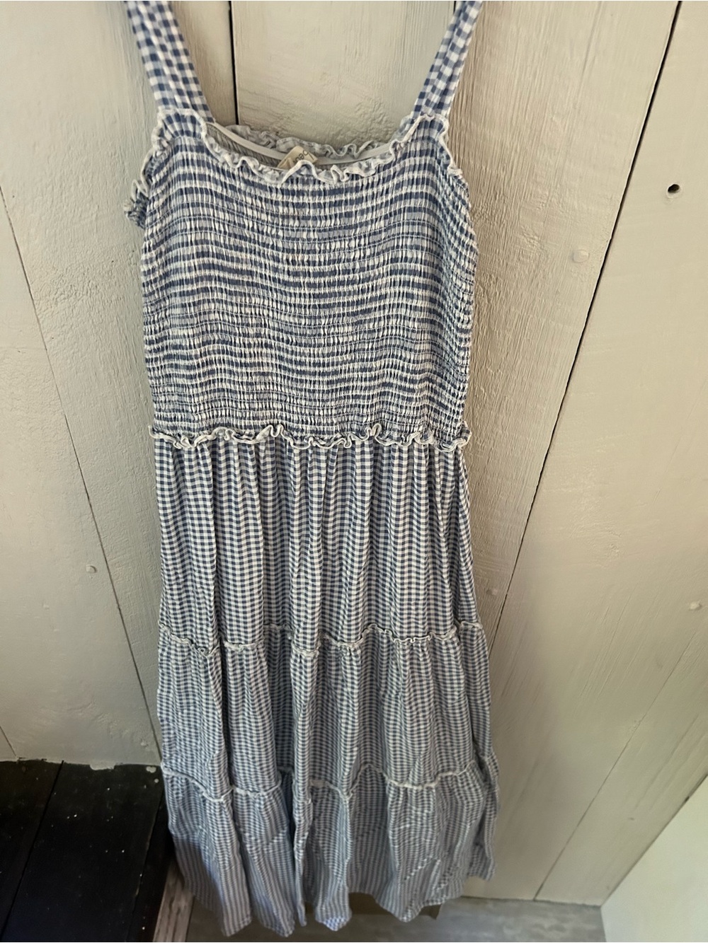 BeBop Blue and White Gingham Tiered Maxi Dress